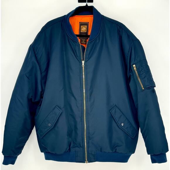 CLENCH Men M Jeans Nylon Bomber Jacket Navy w/ Heavy Orange Lining Winter Coat